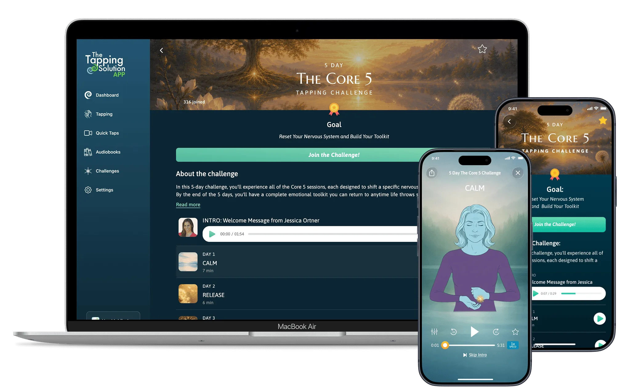 The Core 5 Tapping Challenge on laptop and phone in the Tapping Solution app