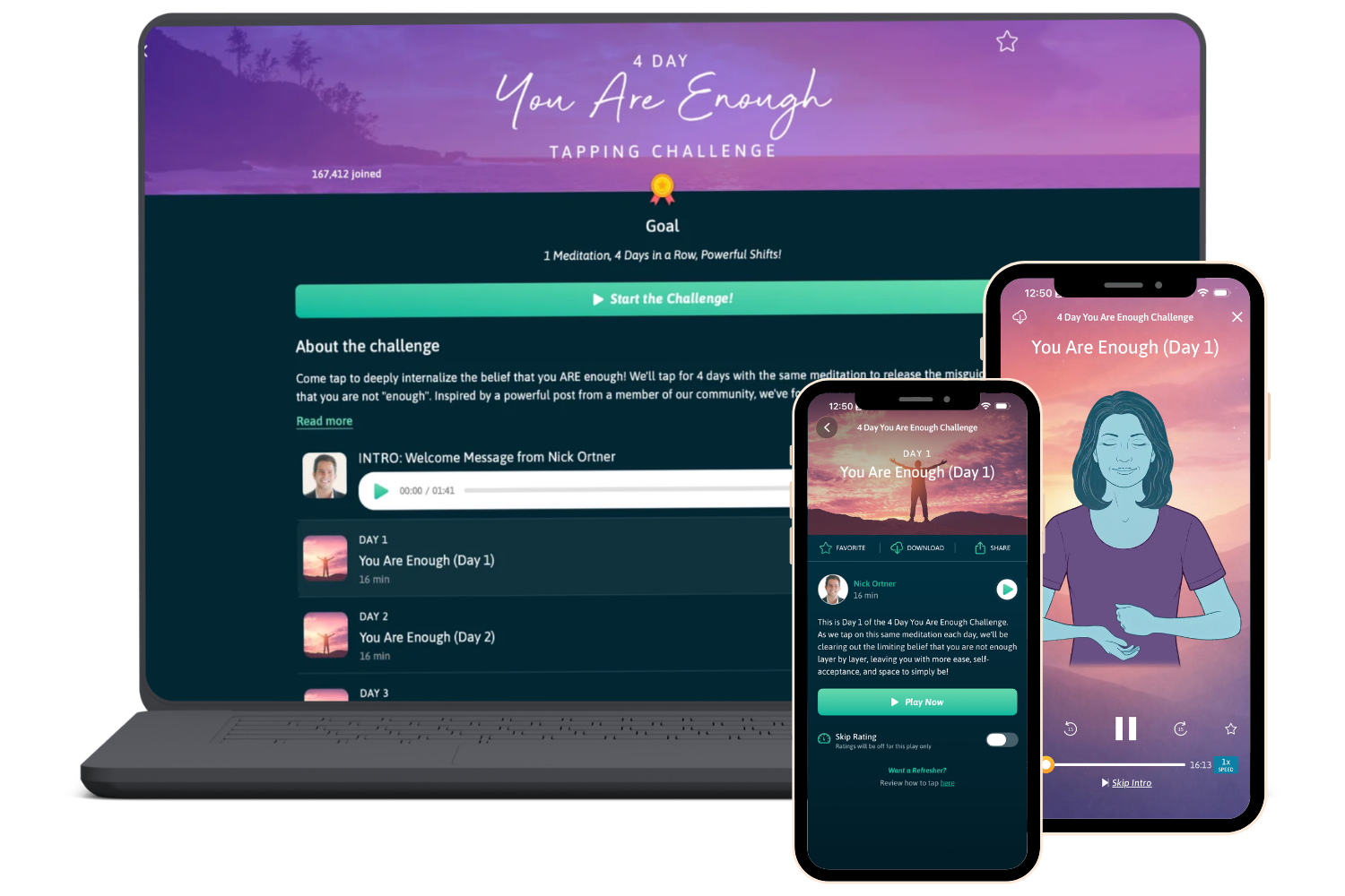 The 4-Day You Are Enough Challenge on a laptop and phones in the Tapping Solution app